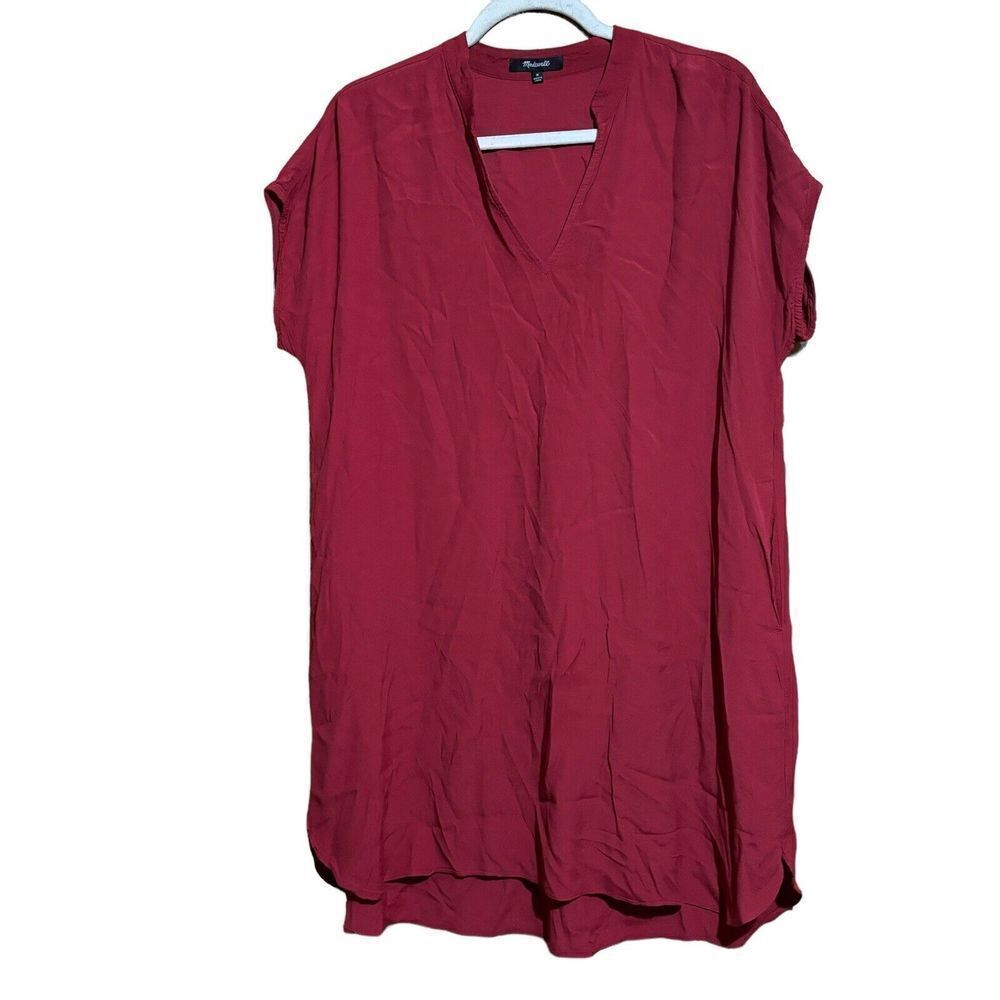 Madewell Dress Womens Medium Red Split Neck Short Sleeve Lined Shift